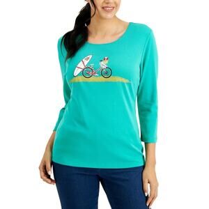 Karen Scott Green Printed Glitter Bike & Surfboard Top -M